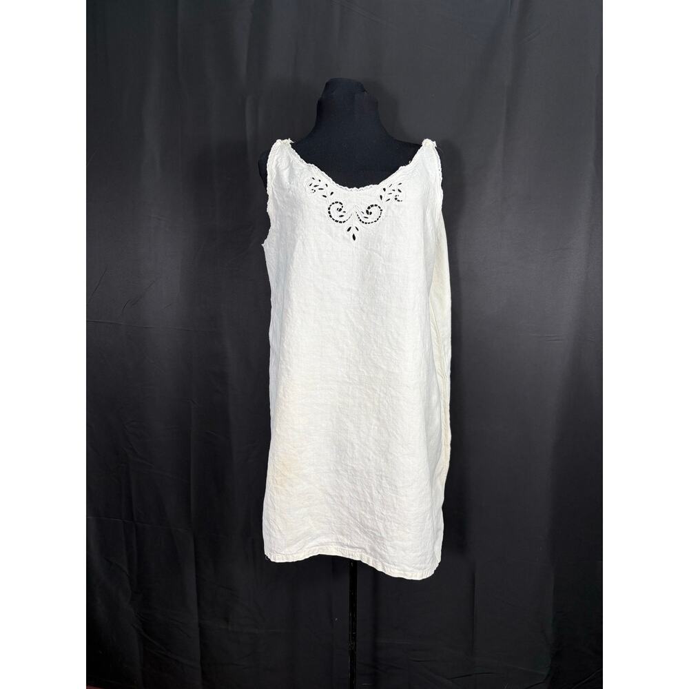 Vintage Victorian Linen Handmade Nightgown Inlays Sleeveless Lace Trim